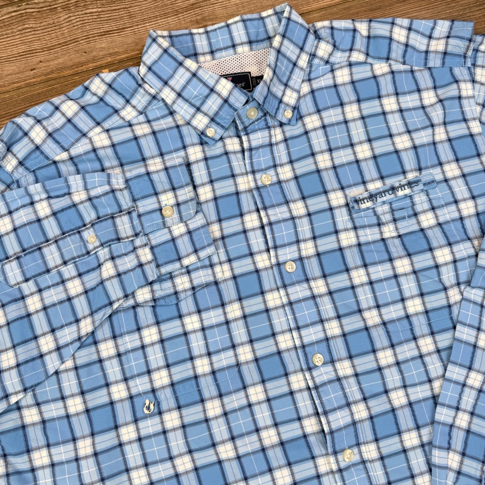 Vineyard Vines Mens Size XL Harbor Shirt Blue Plaid Performance Fishing Vent